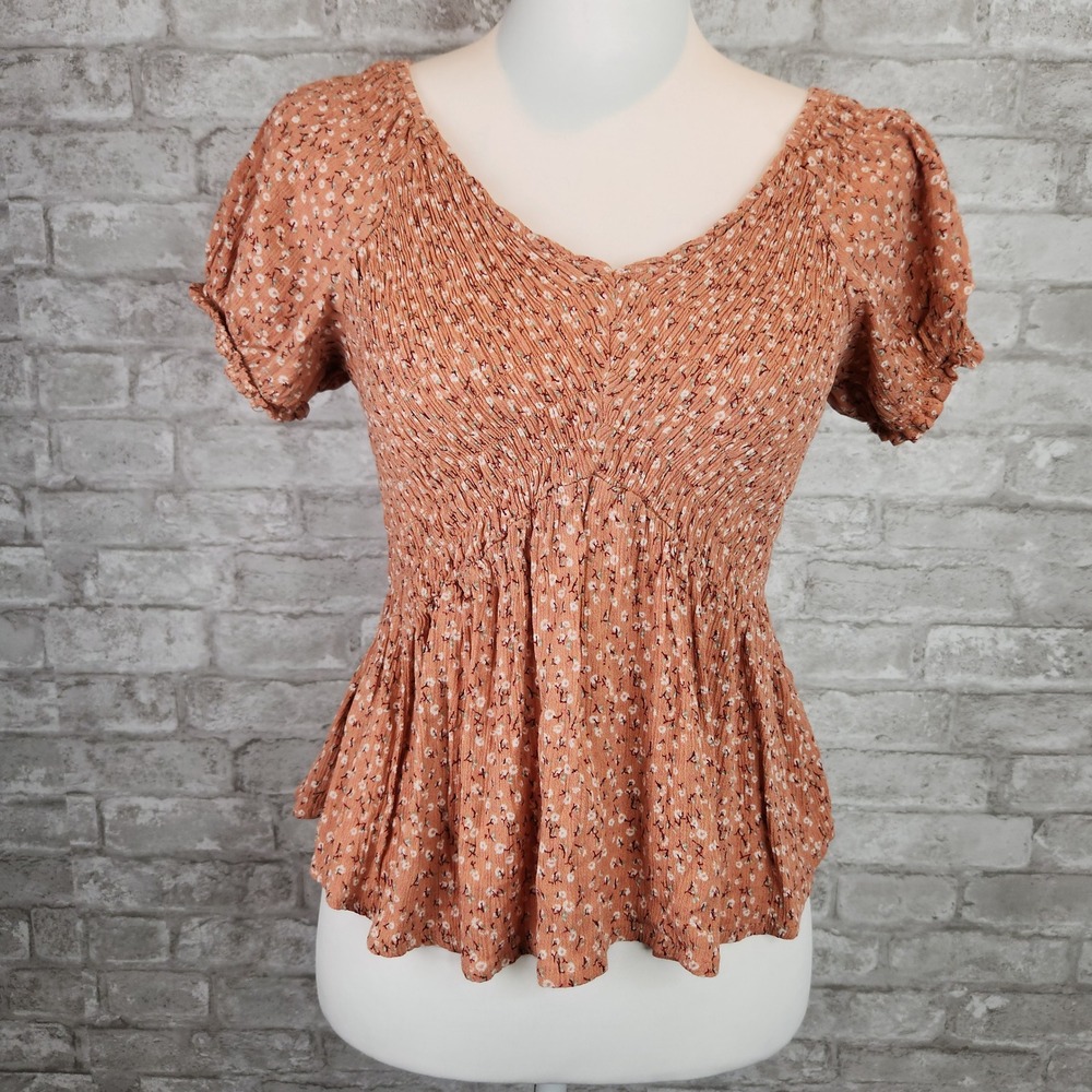 Kendall + Kylie Top Smocked Peplum Ditsy Floral Babydoll‎ Y2K Terracotta Rust M